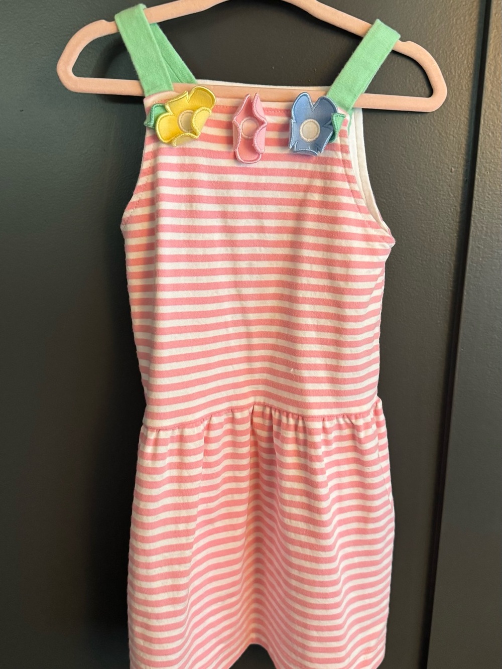 Florence Eiseman Pink Sundress with Green Straps and Floral Appliques